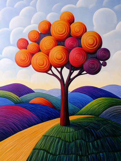 Swirling Tree in Colorful Landscape
