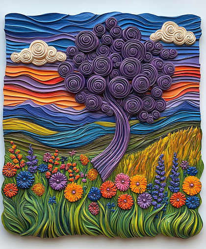 Swirly Tree and Floral Landscape