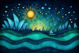 Sydney Opera House and Sailboats at Night