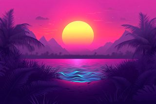 Synthwave Sunset Over Tropical Beach