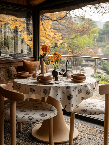 Table Setting With Wooden Dinnerware And Autumn View