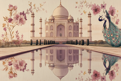 Taj Mahal With Peacock And Floral Design