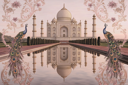 Taj Mahal with Peacocks and Floral Motifs