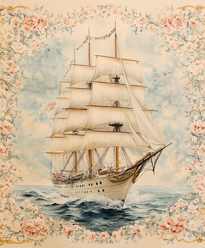 Tall Ship Amidst Floral Frame