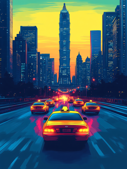 Taxi Line In Cityscape