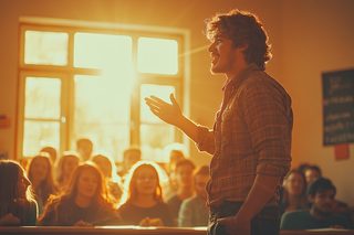 Teacher Giving Lecture in Bright Classroom