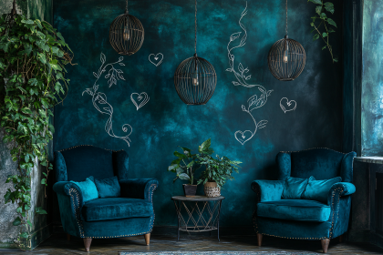 Teal Velvet Armchairs With Green Wall