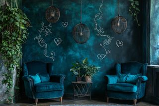 Teal Velvet Armchairs With Green Wall