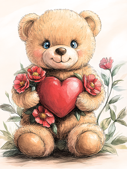 Teddy Bear with Heart and Flowers