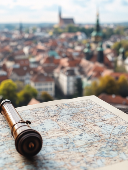 Telescope And Map With City View