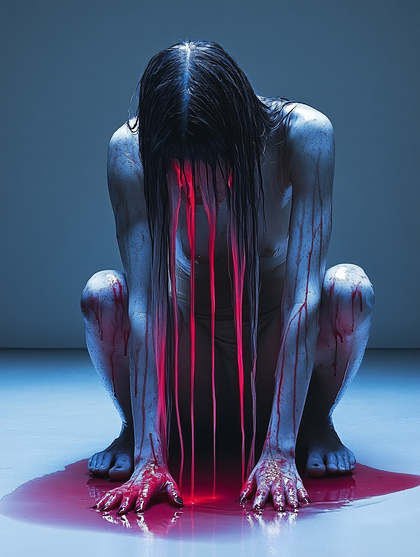 Terrified Woman Bleeding Red Liquid