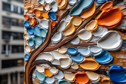 Textured Branch with Colorful Leaves Impasto