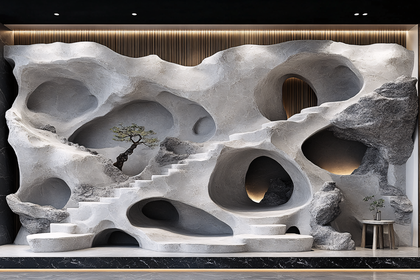 Textured Interior Wall with Cave Openings and Bonsai Tree
