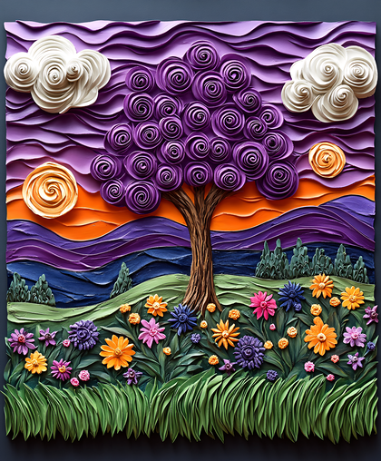 Textured Landscape with Floral Tree