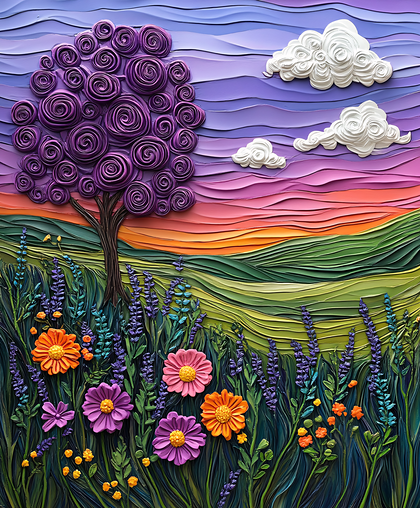 Textured Landscape with Purple Tree