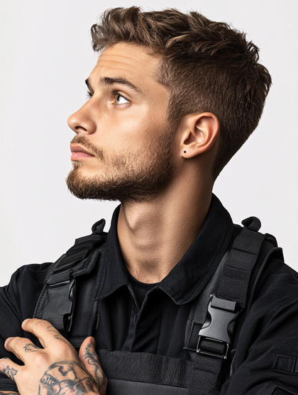 Thoughtful Man in Tactical Vest