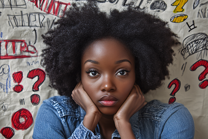 Thoughtful Woman with Afro and Scribbled Background