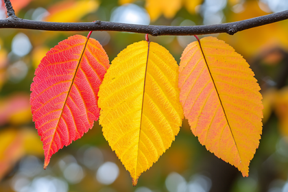 Three Autumn Leaves On Branch