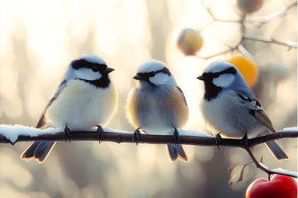 Three Birds On Snowy Branch