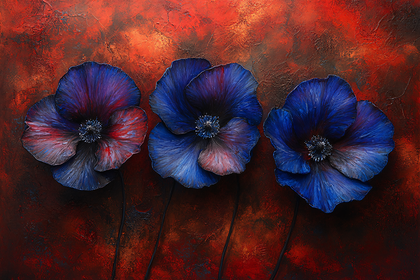 Three Blue and Red Poppies