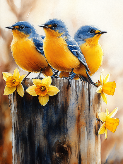 Three Blue And Yellow Birds With Daffodils