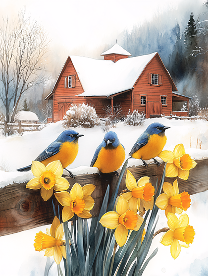 Three Blue And Yellow Birds With Daffodils In Front Of A Barn