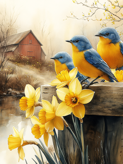 Three Blue And Yellow Birds With Daffodils