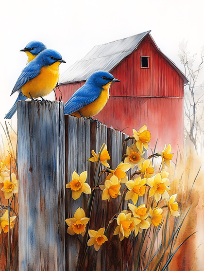 Three Blue Birds On A Fence With Daffodils And A Barn