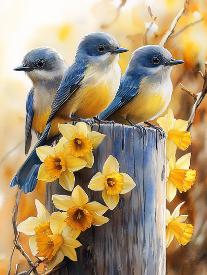 Three Blue Birds With Daffodils