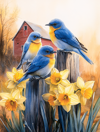 Three Bluebirds And Daffodils