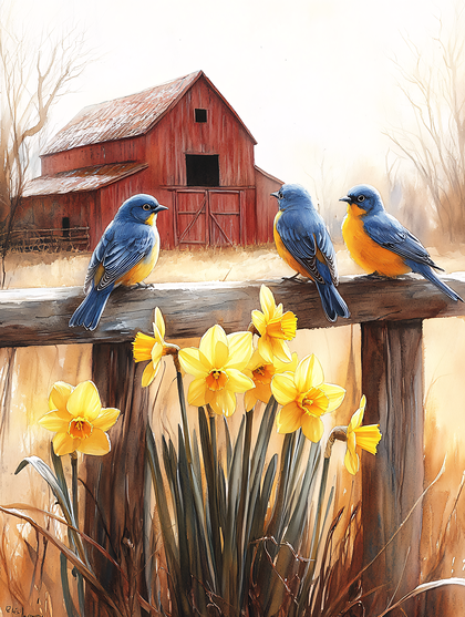 Three Bluebirds And Daffodils By A Barn