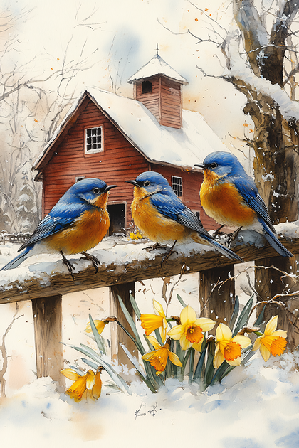 Three Bluebirds In Snow