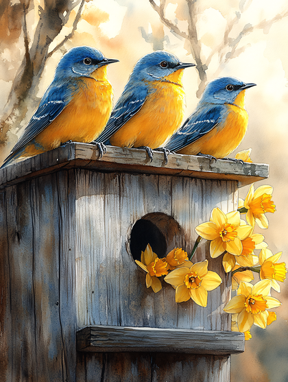 Three Bluebirds On A Birdhouse With Daffodils