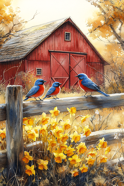 Three Bluebirds on a Fence