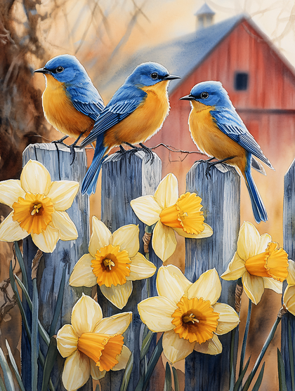 Three Bluebirds On A Fence With Daffodils