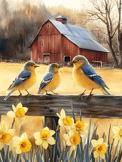 Three Bluebirds On A Fence With Daffodils
