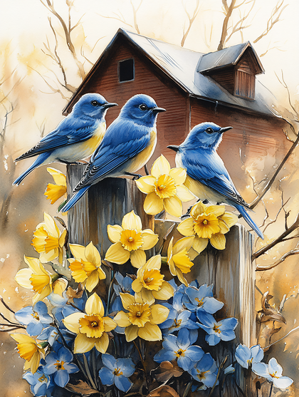 Three Bluebirds Perched On A Fence Post With Daffodils
