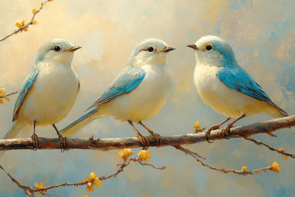 Three Bluebirds Perched on Blossom Branch