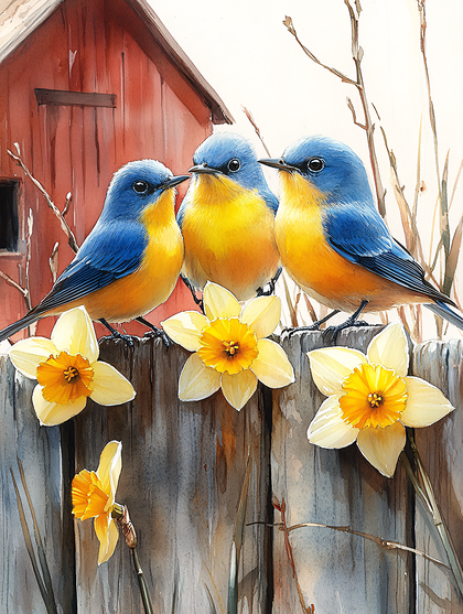 Three Bluebirds With Daffodils On A Fence