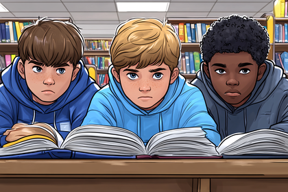 Three Boys Studying In Library