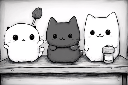 Three Cartoon Cats on Shelf