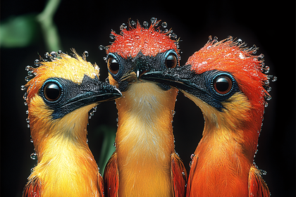 Three Colorful Birds with Water Droplets