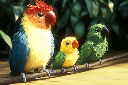 Three Colorful Parrots On A Branch