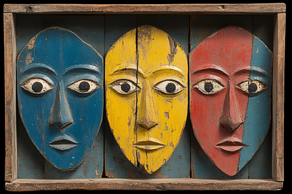 Three Colorful Wooden Masks In Wooden Frame