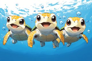 Three Cute Baby Turtles Swimming Underwater