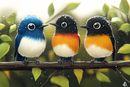 Three Cute Birds On A Branch