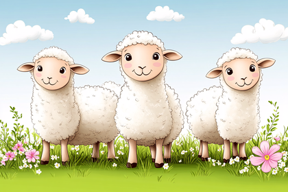 Three Cute Sheep In A Meadow