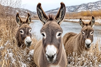 Three Donkeys Winter Scene