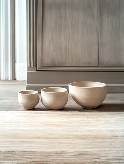 Three Earthy Bowls on Woven Rug