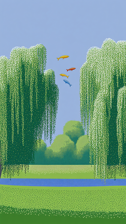 Three Fish Swimming Above Willow Trees